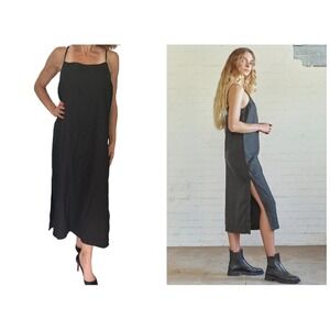 OUTLAND DENIM BLACK SLIP ADJUSTABLE STRAP  MIDI MAXI SLIT TENCEL DRESS NWT SZ L